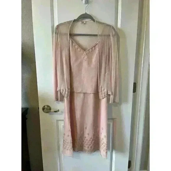 NWT SCALA Womens Pink 100% Silk Beaded Lined Dress size 6 with cover bridal